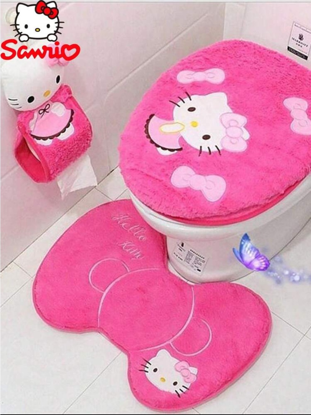 Sanrio Hello Kitty Bright Pink Plush Toilet Seat Cover, Bow Rug and paper cover